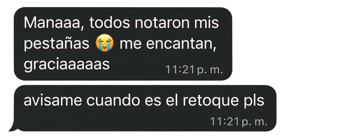 Mensaje de una clienta satisfecha con sus pestañas