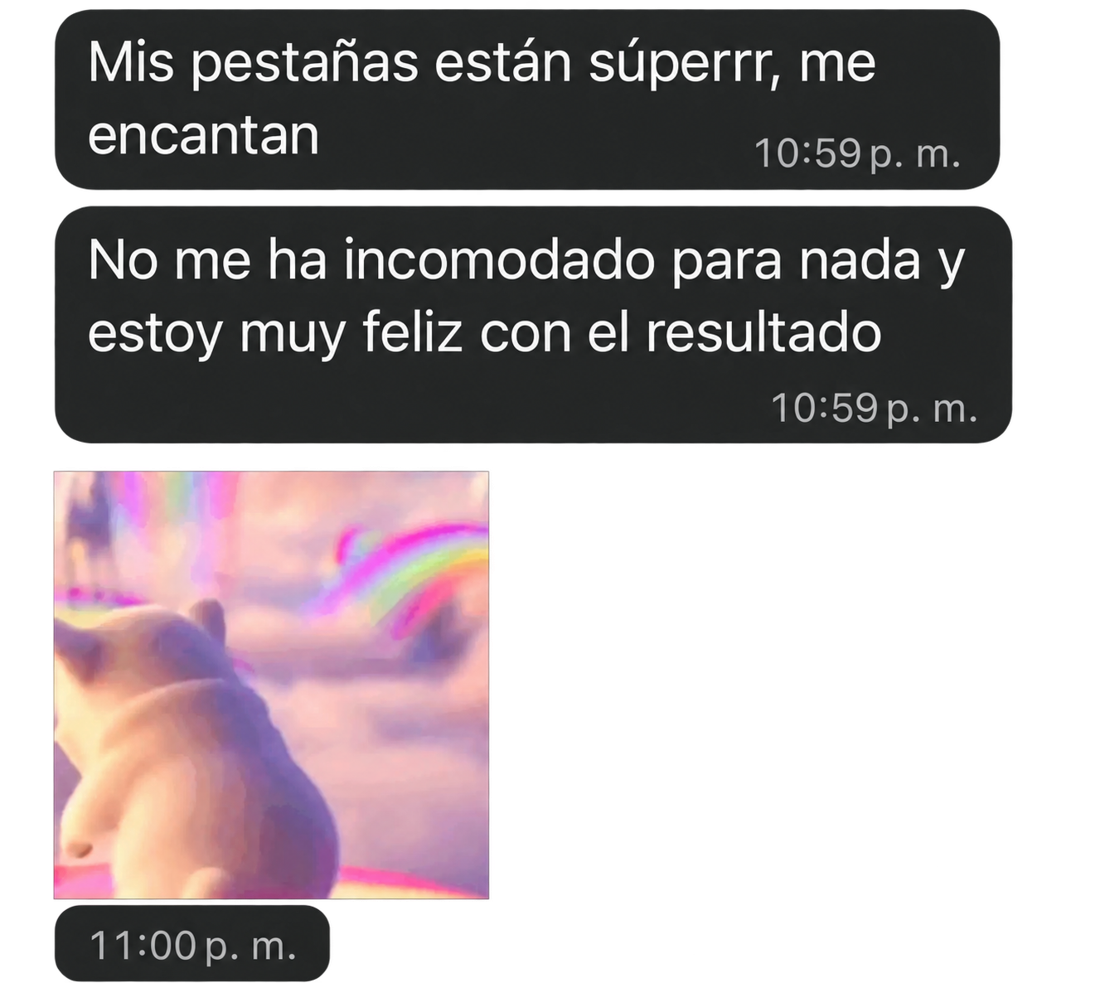 Mensaje de una clienta satisfecha con sus pestañas