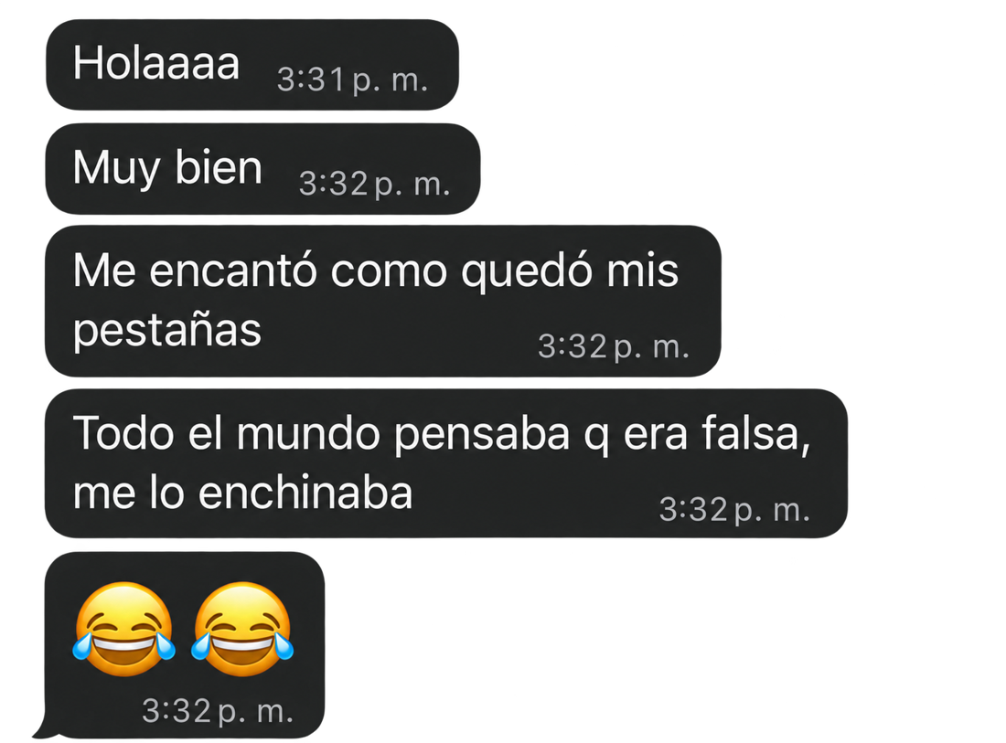 Mensaje de una clienta satisfecha con sus pestañas